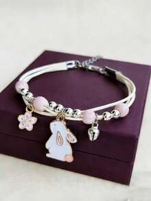 1pc Cute Rabbit Bracelet, Delicate Flower Rabbit Pendant Beaded Bracelet, Party Jewelry Gift For Teens, Girls Accessories - Style 1 - View 4
