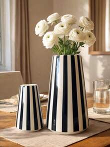 1pc Black & White Striped Plastic Planter, Minimalist European Style Cylindrical Flower Pot, Suitable For Living Room, Bedroom Or Tabletop Decor - Cylindrical Stripes - View 4
