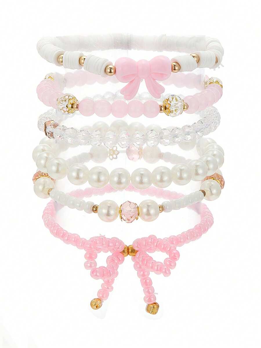 1 Set (6 piezas) Pulsera con cuentas de perlas falsas y cristales, adecuada para uso diario y fiestas de niñas - Rosa - Ver 1