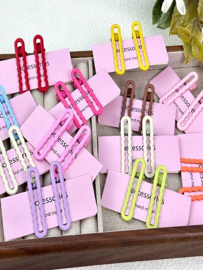 10/30/50/100个装波浪形侧夹，空心金属一体式糖果色刘海夹，鳄鱼夹，波浪形发夹，亮面马卡龙色圆形发夹，鸭嘴夹，一体式刘海夹，纸板包装