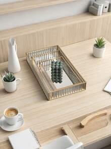 1 Exquisite Transparent Rectangular Glass Jewelry Tray, Nordic Light Luxury Style, Gold Metal Frame, HD Glass Mirror, Multifunctional Storage Box, Large Capacity Display Rack, Suitable For Placing Jewelry, Accessories, Decorations, Fragrances, Glasses, Makeup Brushes, Cosmetics, Lipstick, Perfume, Key Storage - View 6