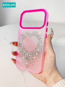 Heart 1pc Colorful Patchwork Phone Case, Heart-Shaped Rhinestone Decor, PC+TPU Material, Semi-Transparent Matte Surface, Anti-Drop Phone Case, Compatible With Iphone 17/17 Pro/17 Pro Max - Hot Pink - View 3