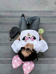 Disney-Disney Minnie Large Printed Short Sleeve T-Shirt | Unisex Loose Oversize Style Sweet Girl Must Have On The Street - 白色 - 查看 3