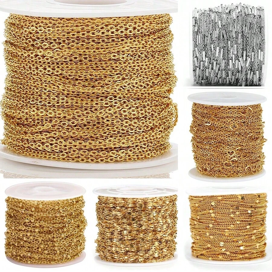 2m Gold Stainless Steel Chain With Cross, Lip, Sequin, Heart Beads, Suitable For DIY Jewelry Making Necklace, Bracelet, Accessories - 2 Meters - View 1