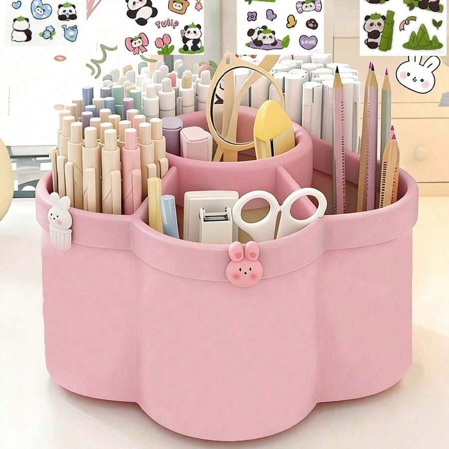 OBOVAY 1pc 360° Rotating Desktop Storage Box With 6 Compartments, PP Organizer, Large Capacity Pen Holder For Students & Kids, Ideal For Makeup Brushes, Pens & Desk Accessories, Simple Design For Office, Bathroom, Vanity, Home (Sticker Pattern Random) - Multicolor - View 1