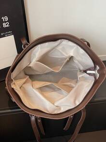 1个女士纯色PU单肩手提包，大容量复古扇形手提包，适合办公、通勤、购物、旅行 - 咖啡棕 - 查看 4