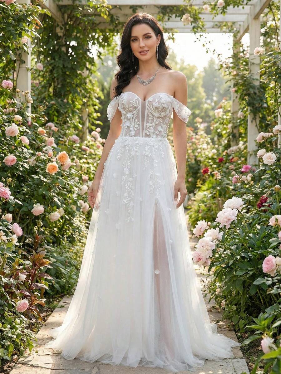 YOUKEFEIER Off-The-Shoulder Deep V Lace Embroidered Sexy Long Wedding Dress