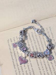 1件复古心形天使吊坠手链，耶稣心形天使手链，粉色心形手链 - 銀色 - 查看 6