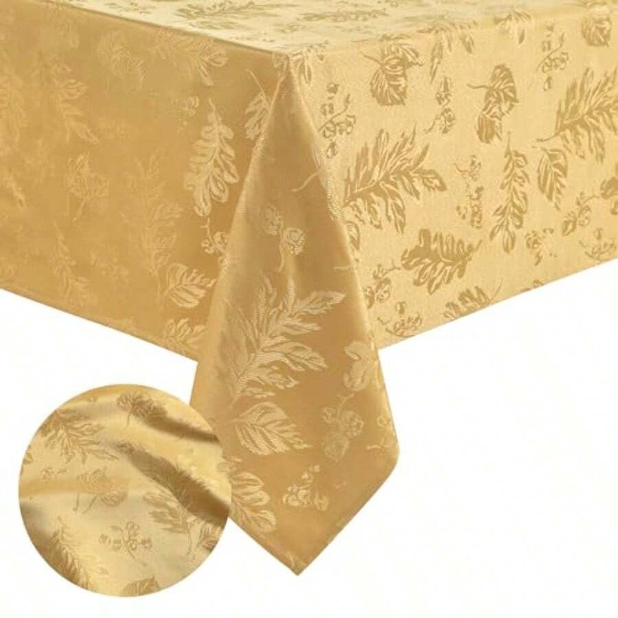 Home Fashions - Mantel de Damasco con Hojas Tejidas Dorado 60" x 84" Oblong Tablecloth 1 - Dorado - Ver 1