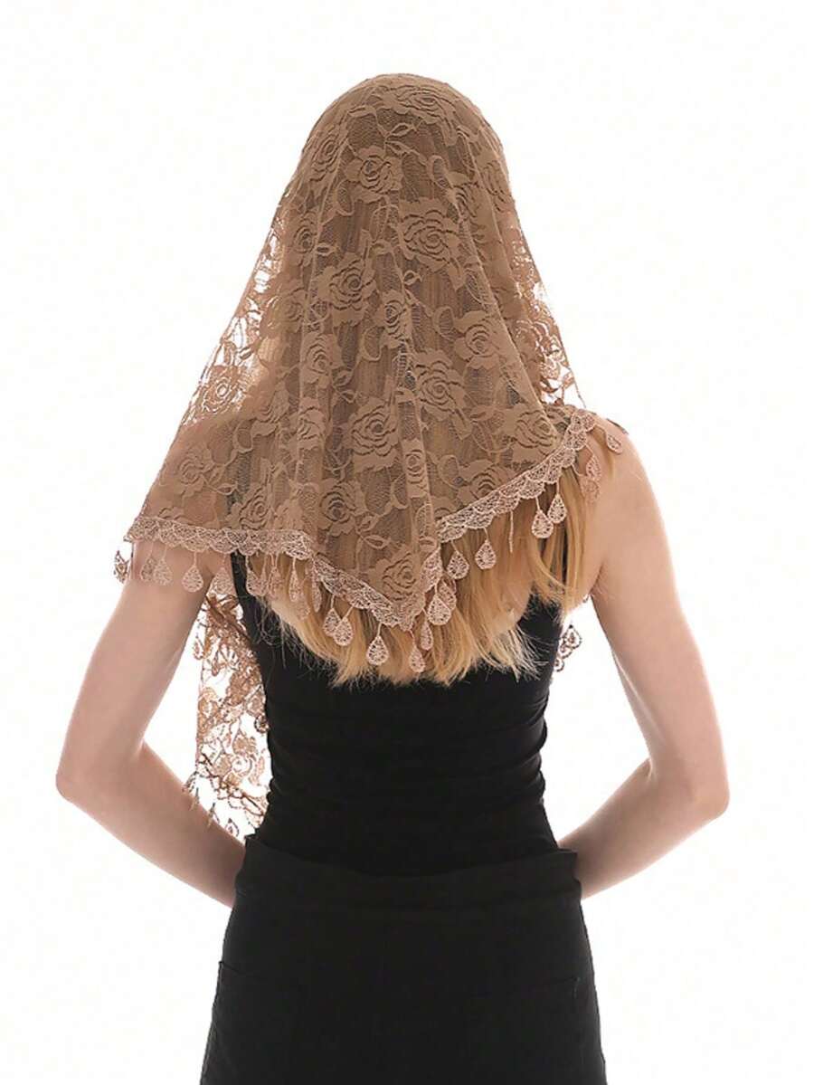 1件装女士经典蕾丝镂空玫瑰披肩，时尚流苏三角围巾新娘头饰，优雅女士蕾丝头巾 - 彩色 - 查看 1