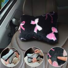 1pc Plush Black Base Pink Bow Car Headrest Pillow, Soft & Comfortable, Provides Neck Support, All Season Use, Perfect Gift, Women's Car Interior Accessory - Plush Black and Pink Bow - View 4