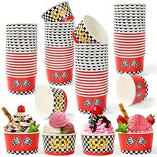 10 Stücke/20 Stücke/60 Stücke, Rennthemen Papier Schüsseln, rot-weiß karierte Pappteller, Rennthemen Eiscreme Becher - karierte Flagge & "LOS!" Dessert Schüsseln, Einweg Papier Snack Becher für Rennauto Geburtstags Party & Themen Geburtstagsfeier - Übersicht 1