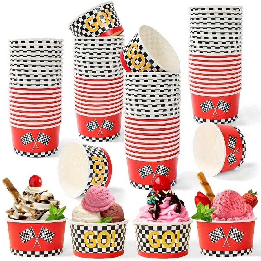 10 Stücke/20 Stücke/60 Stücke, Rennthemen Papier Schüsseln, rot-weiß karierte Pappteller, Rennthemen Eiscreme Becher - karierte Flagge & "LOS!" Dessert Schüsseln, Einweg Papier Snack Becher für Rennauto Geburtstags Party & Themen Geburtstagsfeier - Übersicht 1