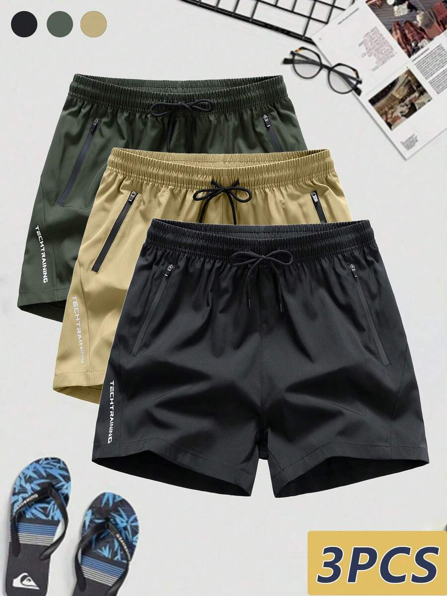 3 piezas Pantalones cortos deportivos casuales de verano para hombres, con bolsillos con cremallera y diseño con cordón, tela elástica para comodidad y movilidad, ligeros y de secado rápido, adecuados para deportes y uso informal. - Multicolor - Ver 1