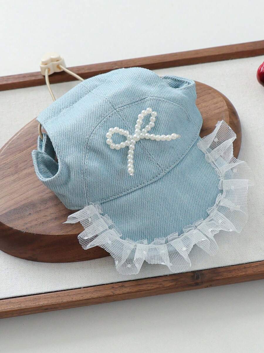 PETCIRCLE 1 pieza Sombrero de sol con lazo de perlas, accesorio lindo y casual de moda para perro, gato y cachorro pequeño, para exteriores - Multicolor - Ver 1