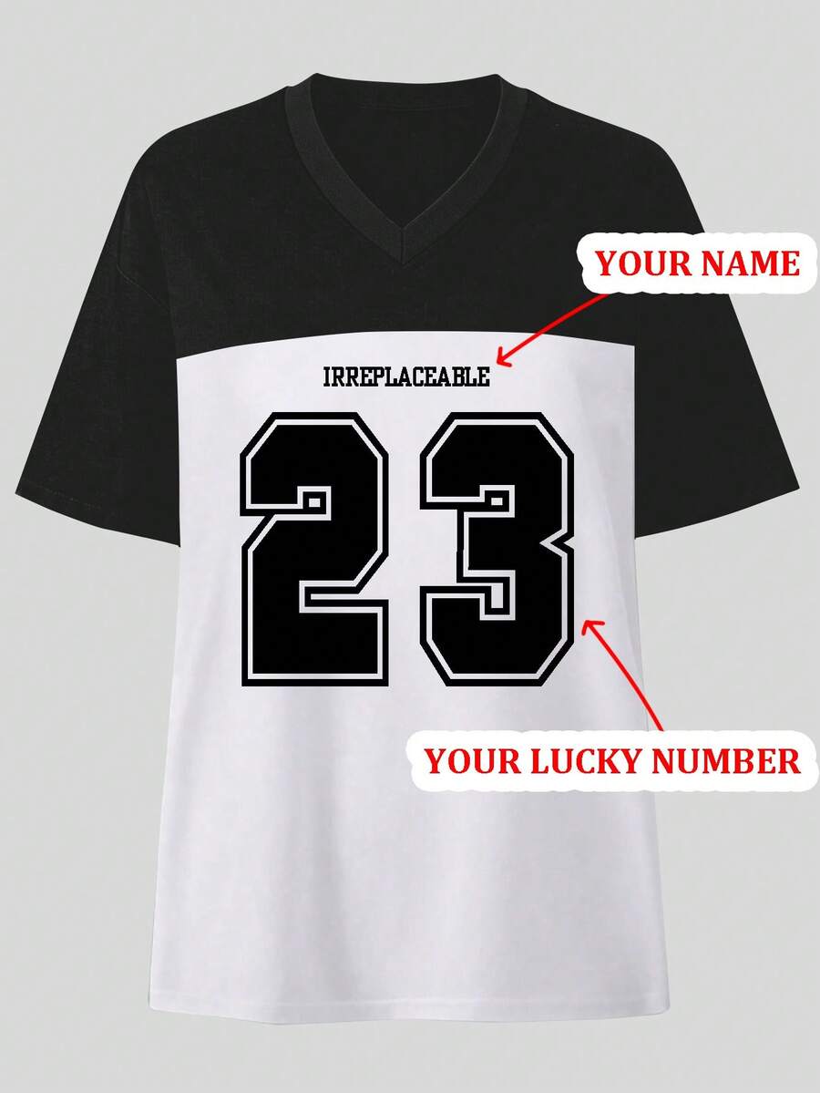 Áo nữ thiết kế theo yêu cầu - Áo cổ chữ V tùy chỉnh, thêm ảnh, họa tiết, quảng cáo, khẩu hiệu, tên, số may mắn, ngày gặp mặt, ngày kỷ niệm, thiết kế áo hoodie/đồng phục nhóm in hình cá nhân hóa cho bữa tiệc với bạn bè, màu đen mùa hè. - màu đen - Xem 1