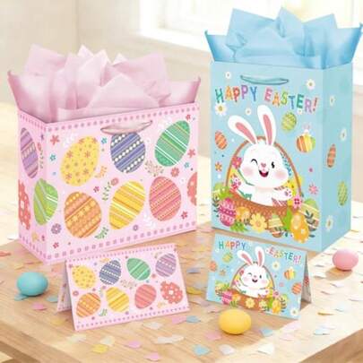 Easter Gift Bags 2-Pack With Greeting Cards And Tissue Paper 13x10x5.5 Inch Large Easter Bags Easter Egg Hunt Party Favors Bunny Themed Reusable Gift Bag Set Horizontal And Vertical