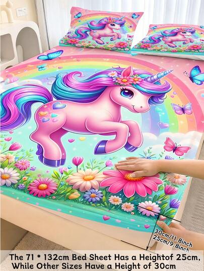 Bộ ga trải giường 2/3 món họa tiết kỳ lân cầu vồng và hoa cho bé gái, bộ đồ giường in hình bướm, ga phủ nệm sâu kèm vỏ gối, tấm bảo vệ nệm chống trượt dễ thương cho trẻ em, thanh thiếu niên, người lớn, bé trai và bé gái, phòng ngủ.