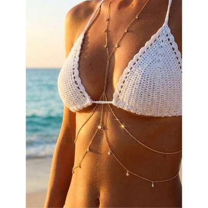 Women's Sexy Gold Body Chain, Crystal Bikini Spaghetti Strap Necklace, Criss-Cross Waist Chain, Belly Chain, Bohemian Summer Beach Festival Party Decorations, Gift