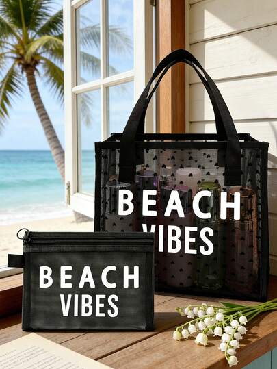 2Pcs Mesh Beach Tote Bag Set With Makeup Pouch For Women, Lightweight Sandproof Beach Bag With "BEACH VIBES" Print & Heart Pattern, Pool Travel Bag For Summer Vacations, Ideal For Beach, Pool, Travel, And Daily Essentials, Black Transparent Mesh Double Handle Handbag, Vacation Mesh Eye Bag