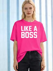 Plus Size Women's Like A Boss  Print T - Shirt, Vibrant Geometric Pattern, Soft Round Neck, Playful Design, Machine Washable Suitable For New Year Gifts, Easter Spring Summer Fashion, - Skrikrosa - Visa 1