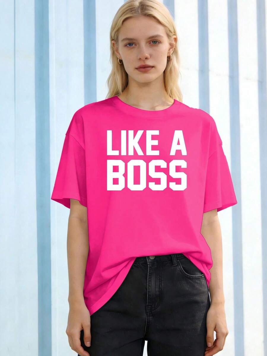 Plus Size Women's Like A Boss Print T - Shirt, Vibrant Geometric Pattern, Soft Round Neck, Playful Design, Machine Washable Suitable For New Year Gifts, Easter Spring Summer Fashion, - Skrikrosa - Visa 1