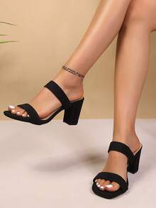 新款夏季方头粗跟凉拖鞋，女士简约两穿绑带穆勒鞋，百搭高跟鞋 - 黑色 - 查看 3