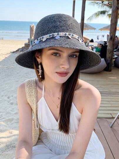 1pc Women's Straw Hat, Polyester Bohemian Style Fashion Outdoor Straw Hat, Suitable For Daily Outdoor Use