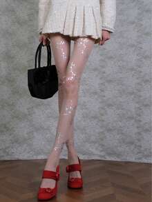 1 Pair Women's Silver Foil Printed Pantyhose, Thin Sexy Tight Summer Stockings, Fashion Versatile For Daily Wear - Apricot - View 5