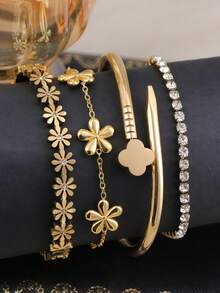 Bộ 4/3/1 vòng tay thép không gỉ mạ vàng 18K, phụ kiện sang trọng và thanh lịch, phù hợp cho nữ giới, các bữa tiệc, họp mặt, hòa nhạc, làm quà tặng, tiệc bãi biển. - Vàng - Xem 9