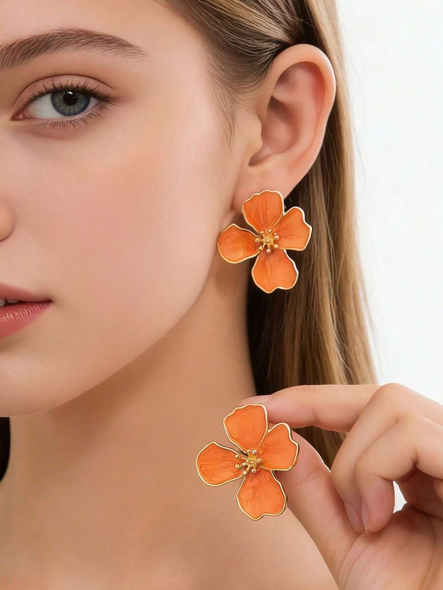 1 Pair Vintage French Style High-End Orange Enamel Flower Earrings, Suitable For Girls To Wear Daily, Festivals, Vacation - Orange - View 1