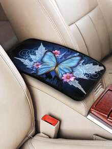 通用型汽车扶手套 - 蓝色蝴蝶和粉色樱花印花汽车中控台垫，易于安装，适用于所有车型 - A - 查看 3