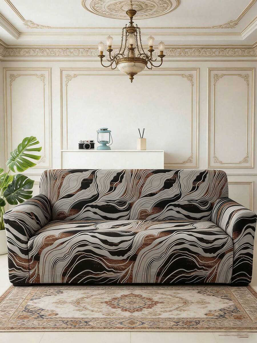 1pc Milk Silk Geometric Print Sofa Cover, Dust-Proof And Dirt-Resistant, Elastic Full Coverage Sofa Protector, Living Room Home Decor, Fits 1/2/3/4 Seater Sofa, All Season, Machine Washable, Pillow Cover Not Included - Grey - View 1
