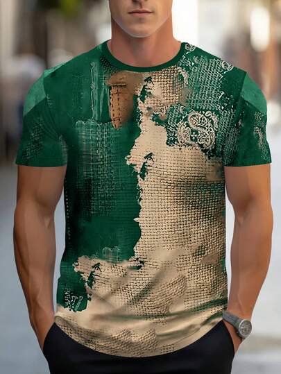 Men's Geometric Graphic Pattern And Paint Mark Print Crew Neck And Short Sleeve T-Shirt, Casual And Stylish Tops For Summer Outdoors And Sports Wear