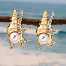 1 Pair Vintage Niche Design Creative Personalized Versatile Shell Inlaid Pearl Earrings, Bridal Beach Jewelry, Summer Party Accessories,Jewellery,Festival,Accessories - Gold - View 2