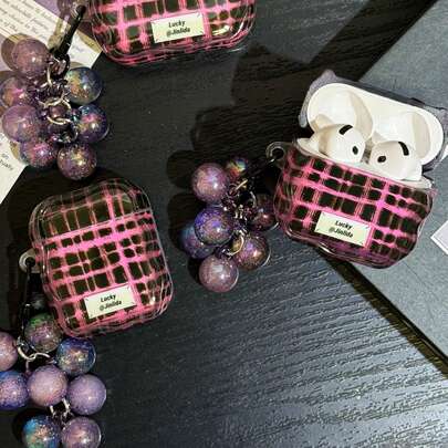 Ins Style Apple Wave Edge Black & Pink Plaid Pattern Party Earphone Case Compatible With Airpods 2/4/ Pro3 New Wireless Bluetooth Earphones, Pro/Pro2 Earphone Case, High-End Earphone Case Anti-Drop Earphone Cover