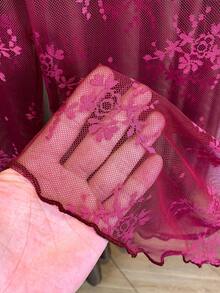 2025新款高领蕾丝层叠网纱透视上衣，长袖薄纱打底衫，适合春、夏、秋季休闲穿着 - 酒紅色 - 查看 4