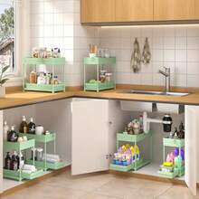 Paquete de 3 organizadores debajo del fregadero organizadores multiusos de 2 niveles de cocina y almacenamiento con cajón deslizante organizador de gabinete de baño verde 14.8 pulgadas - Verde - Ver 3