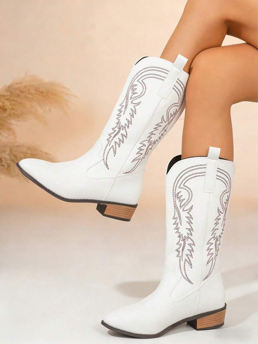 新款女士刺绣白色皮革西部靴，尖头粗跟过膝长靴，户外休闲时尚靴 - 白色 - 查看 1