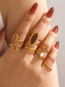 6pcs Set Stainless Steel 18K Gold Plated Personalized Geometric Flower Line Tiger Eye Stone Rings Set, Suitable For Women's Daily Wear - Multicolor - View 6