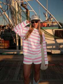 Mejors 女士 Y2K 风格可爱两件套，条纹长袖针织衫上衣和抽绳短裤，适合旅行和日常休闲穿着，春秋季，粉色条纹 - 粉色 - 查看 6