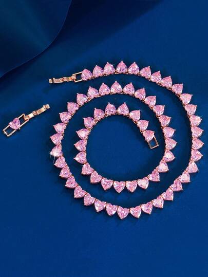 1 pieza Collar de tenis con forma de corazón rosa de circonita cúbica de moda, joyería de fantasía chapada en oro rosa con cristal CZ para mujer, accesorios para boda, compromiso, fiesta, baile de graduación, novias, damas de honor, damas, novias, esposa, regalo para hijas