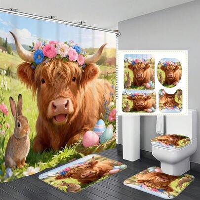 1pc/4pcs Easter Wreath, Cow & Cute Rabbit Pattern Shower Curtain Set, Elegant Housewarming Shower Curtain Gift, Modern Home Bathroom Decor Curtain With 12 Hooks, Anti-Slip Bath Mat, Toilet U-Shaped Mat, Toilet Lid Cover, Bathroom Set, Spring Decoration