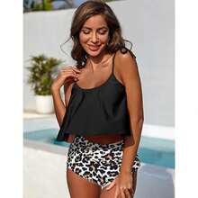 Ladies' Tankini Two-Piece Swimsuit High-Waisted Bikini Set With Tummy Control Bottoms And Ruffle Strap Tank Top - Đen + Họa tiết da báo - Xem 2