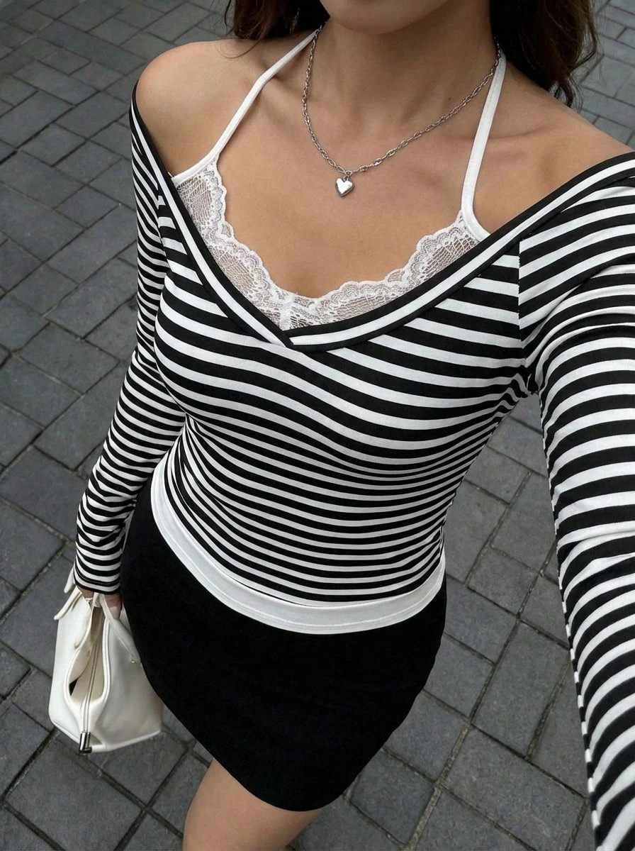 Buzzelle Blusa casual de mujer con cuello en V de contraste, mangas largas con lazo y detalles de encaje a rayas - Blanco y Negro - Ver 1