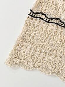 时尚女士罩衫连衣裙，优雅V领无袖镂空设计薄款提花针织长裙 - 杏色 - 查看 3