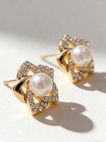 2件套金色仿珍珠水钻花朵耳环，优雅闪亮的新娘/伴娘耳环，百搭日常佩戴，适合日常、节日、派对、生日、情人节、约会、送礼等场合。 - 彩色 - 查看 8