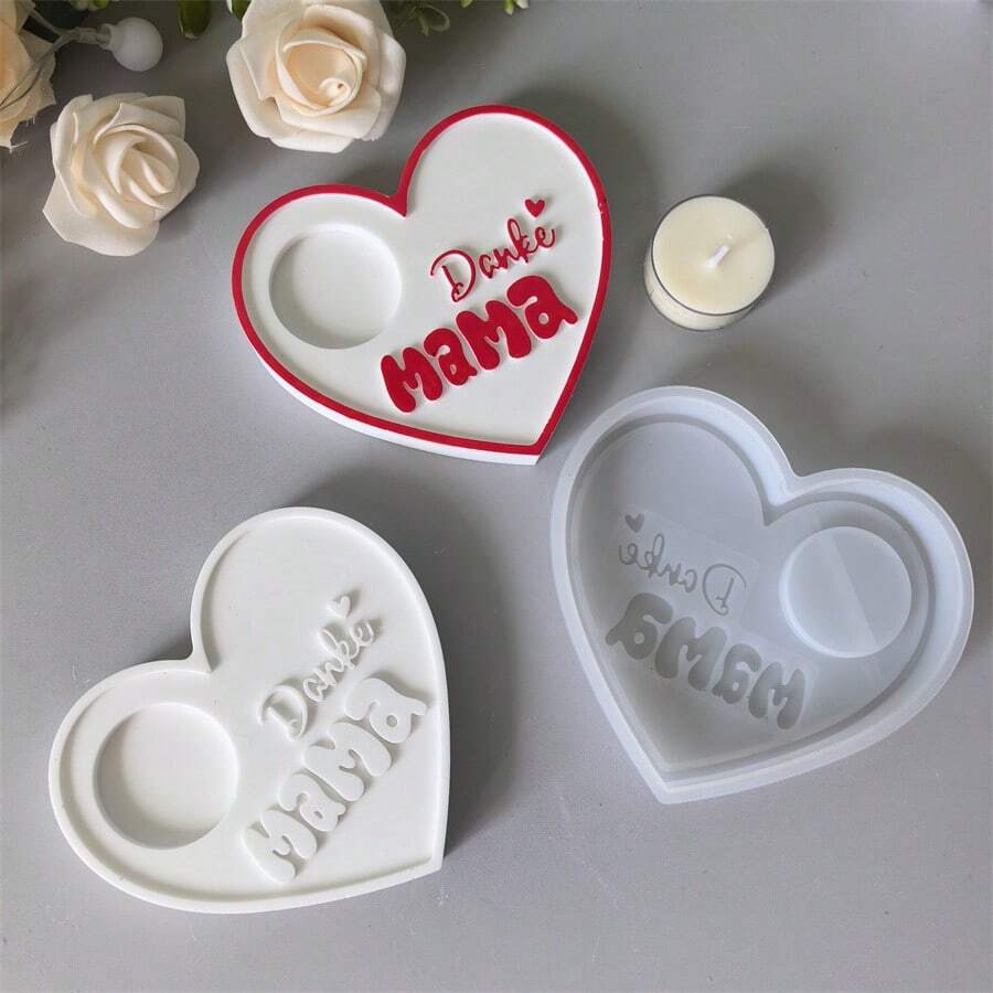 1pc DIY Epoxy Resin Mold, Heart-Shaped Tea Light Candle Holder Plaster Drip Glue Mold, Mother's Day Gift, Handmade Craft Mold, Reusable - White - View 1