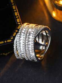 优雅圆形交叉合成立方氧化锆几何戒指，女士派对、订婚珠宝 - 白色 - 查看 6