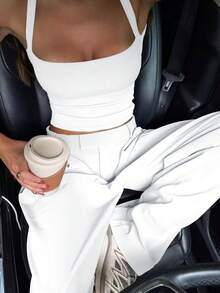 复古 Y2K 休闲罗纹交叉露背修身街头风背心，女款，白色，夏季 - 白色 - 查看 4